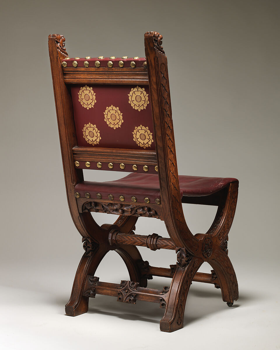 Dining room chair from the Speaker’s House, Palace of Westminster, Augustus Welby Northmore Pugin (British, London 1812–1852 Ramsgate), Carved oak, upholstered in modern stamped and gilded red leather, British