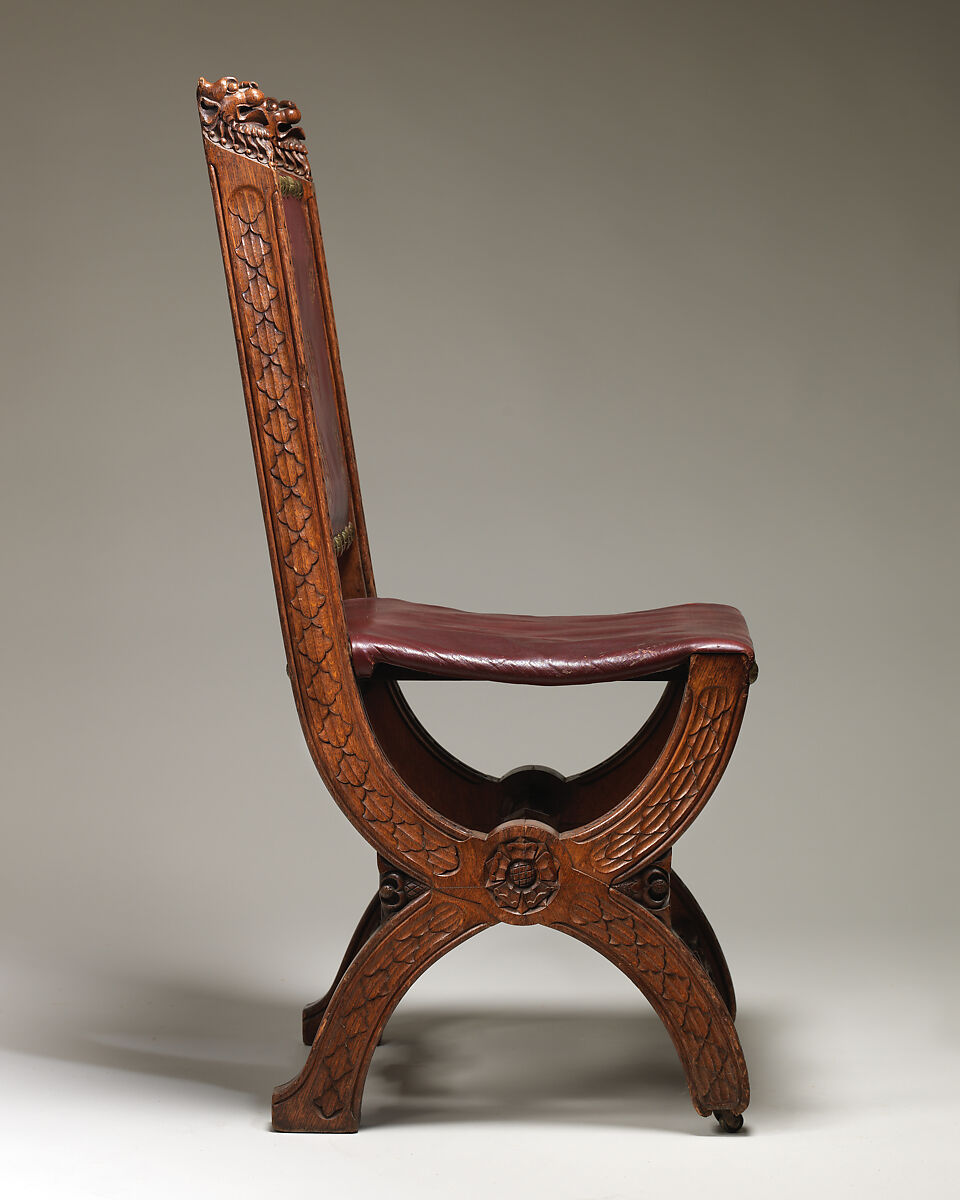 Dining room chair from the Speaker’s House, Palace of Westminster, Augustus Welby Northmore Pugin (British, London 1812–1852 Ramsgate), Carved oak, upholstered in modern stamped and gilded red leather, British