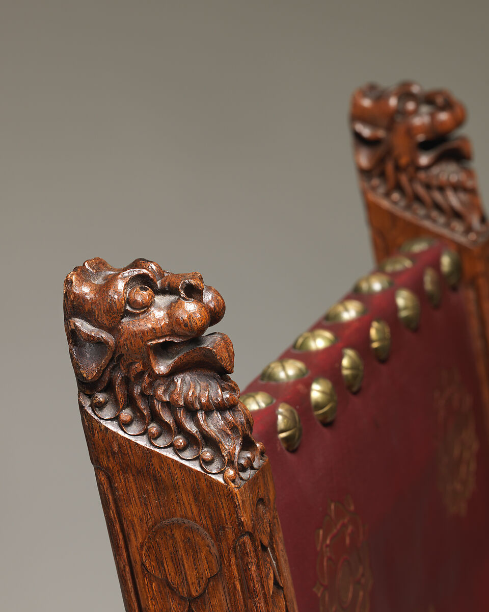 Dining room chair from the Speaker’s House, Palace of Westminster, Augustus Welby Northmore Pugin (British, London 1812–1852 Ramsgate), Carved oak, upholstered in modern stamped and gilded red leather, British