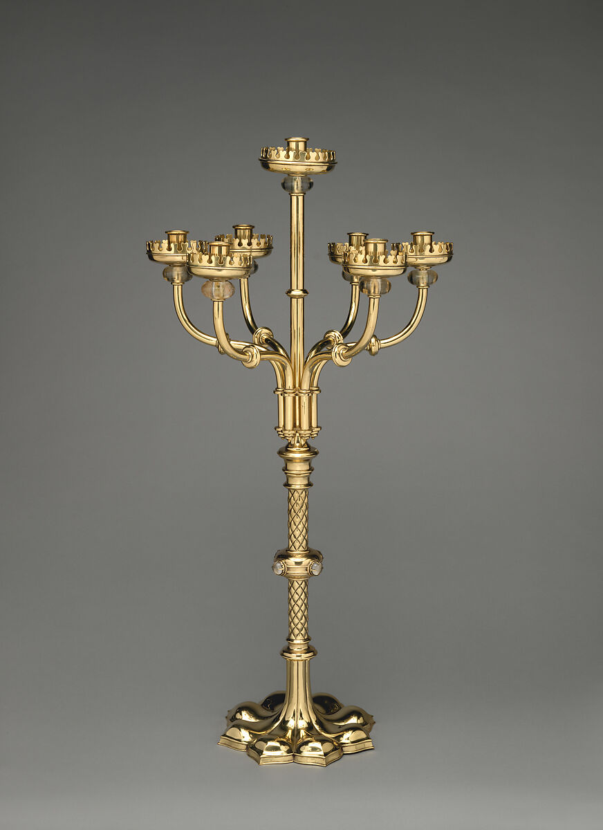Candelabrum, Augustus Welby Northmore Pugin (British, London 1812–1852 Ramsgate), Gilded brass, glass, British, Birmingham 