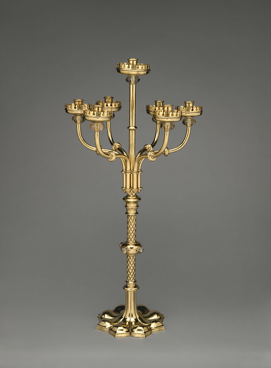 Candelabrum, Augustus Welby Northmore Pugin (British, London 1812–1852 Ramsgate), Gilded brass, glass, British, Birmingham