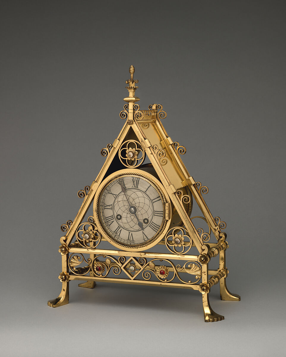 Mantel clock frame, Bruce J. Talbert (British, Dundee, Scotland 1838–1881 London), Wrought brass, inset with cabochons and quartz, British 