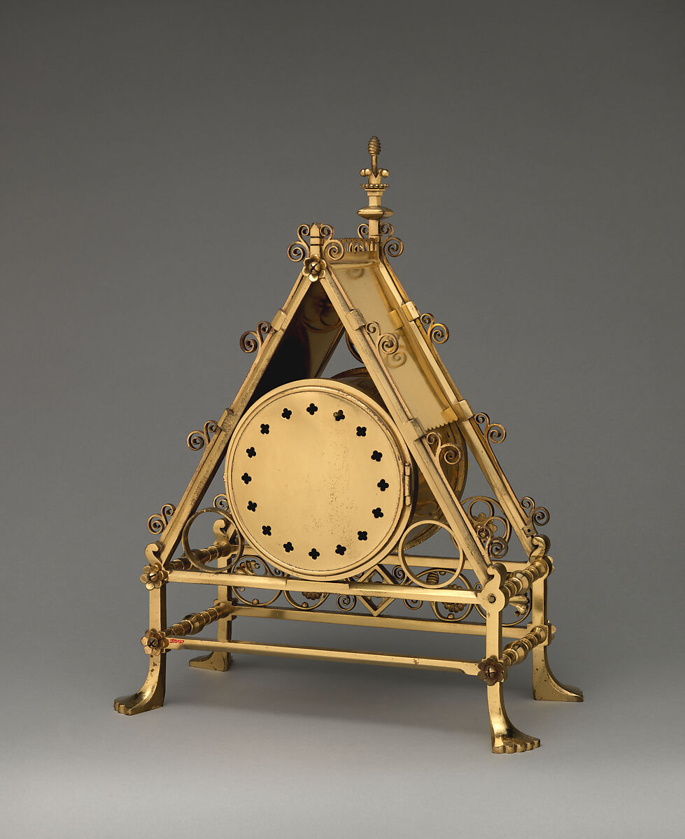 Mantel clock frame, Bruce J. Talbert (British, Dundee, Scotland 1838–1881 London), Wrought brass, inset with cabochons and quartz, British
