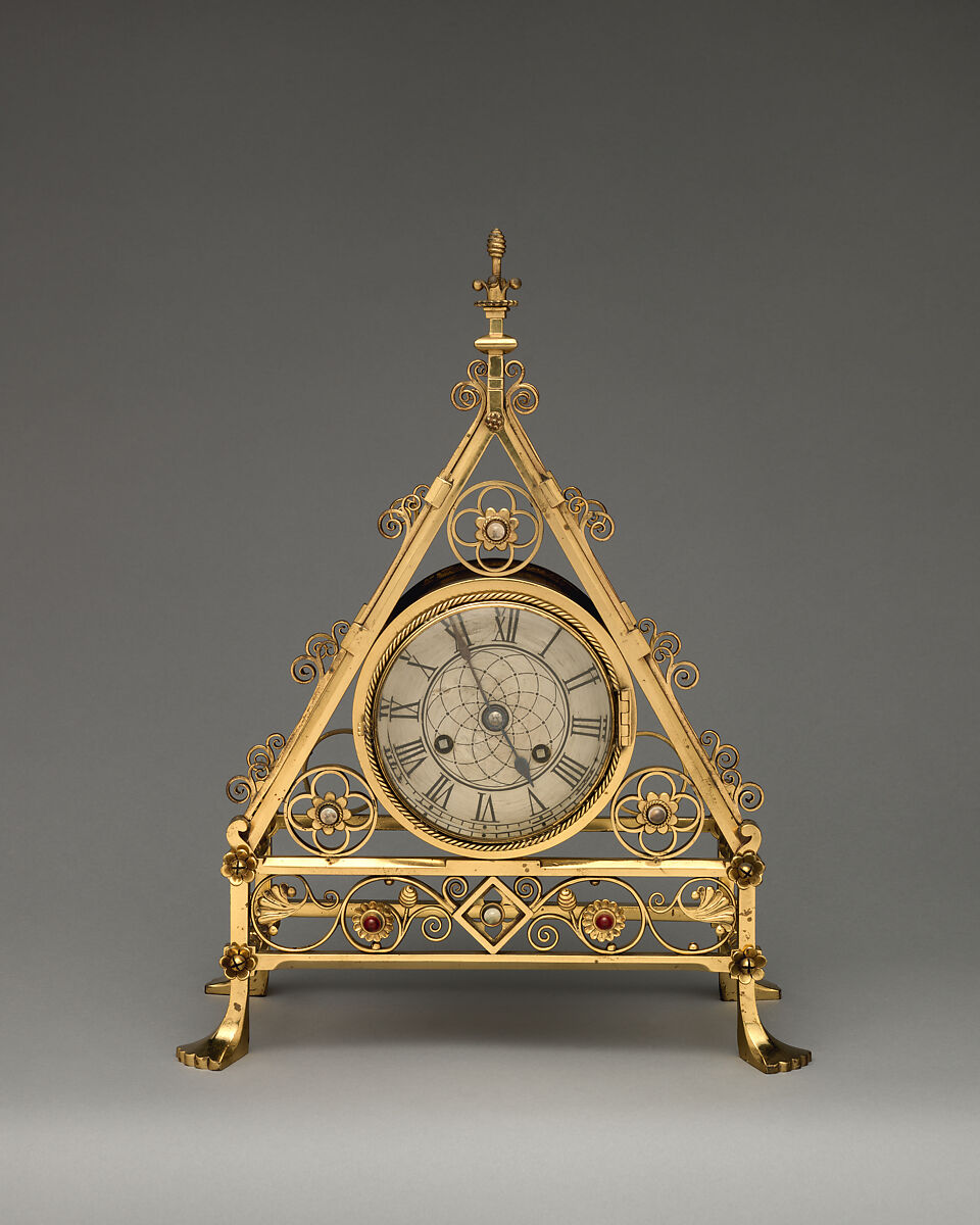 Mantel clock frame, Bruce J. Talbert (British, Dundee, Scotland 1838–1881 London), Wrought brass, inset with cabochons and quartz, British