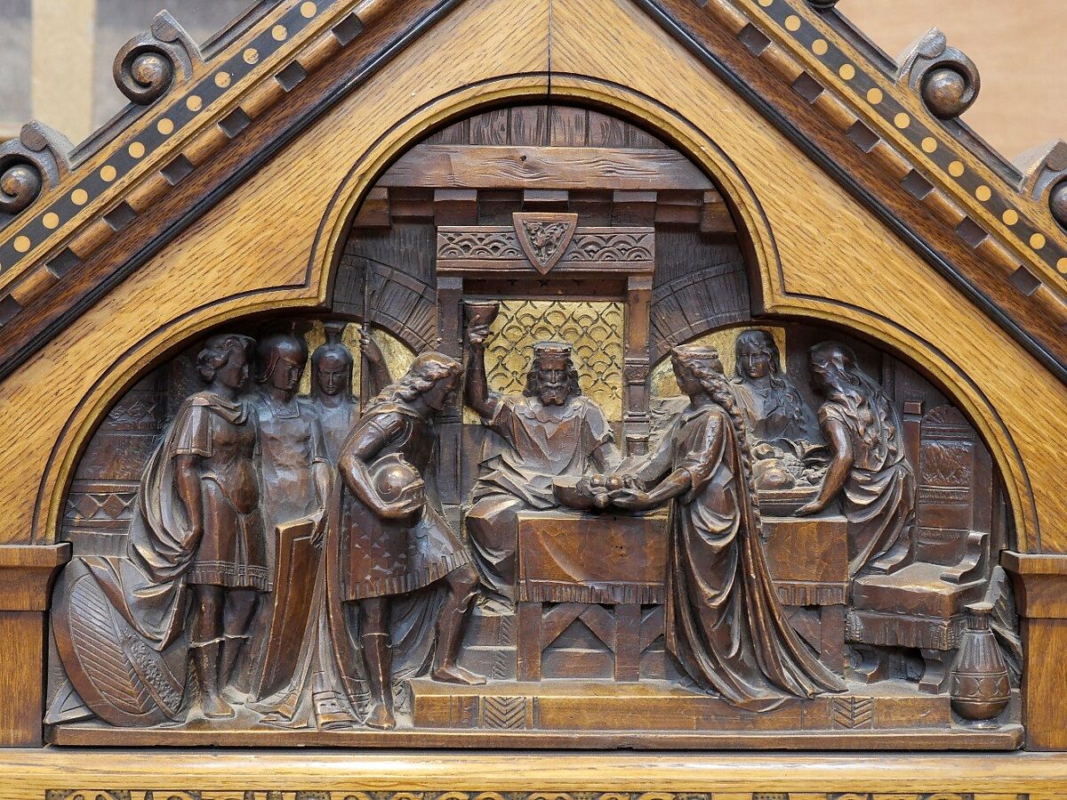 Sideboard, also known as the Pericles Dressoir, Bruce J. Talbert (British, Dundee, Scotland 1838–1881 London), Oak, inlaid with ebony, walnut, boxwood, amaranth, carved and gilded; brass fittings, British, London