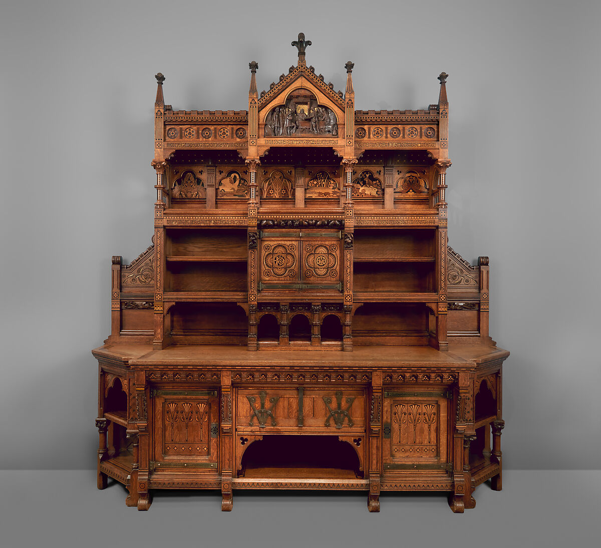Sideboard, also known as the Pericles Dressoir, Bruce J. Talbert (British, Dundee, Scotland 1838–1881 London), Oak, inlaid with ebony, walnut, boxwood, amaranth, carved and gilded; brass fittings, British, London 