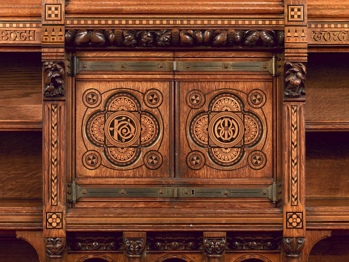 Sideboard, also known as the Pericles Dressoir, Bruce J. Talbert (British, Dundee, Scotland 1838–1881 London), Oak, inlaid with ebony, walnut, boxwood, amaranth, carved and gilded; brass fittings, British, London