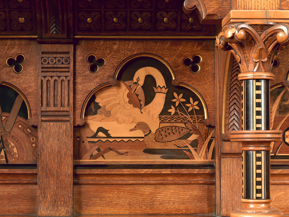 Sideboard, also known as the Pericles Dressoir, Bruce J. Talbert (British, Dundee, Scotland 1838–1881 London), Oak, inlaid with ebony, walnut, boxwood, amaranth, carved and gilded; brass fittings, British, London