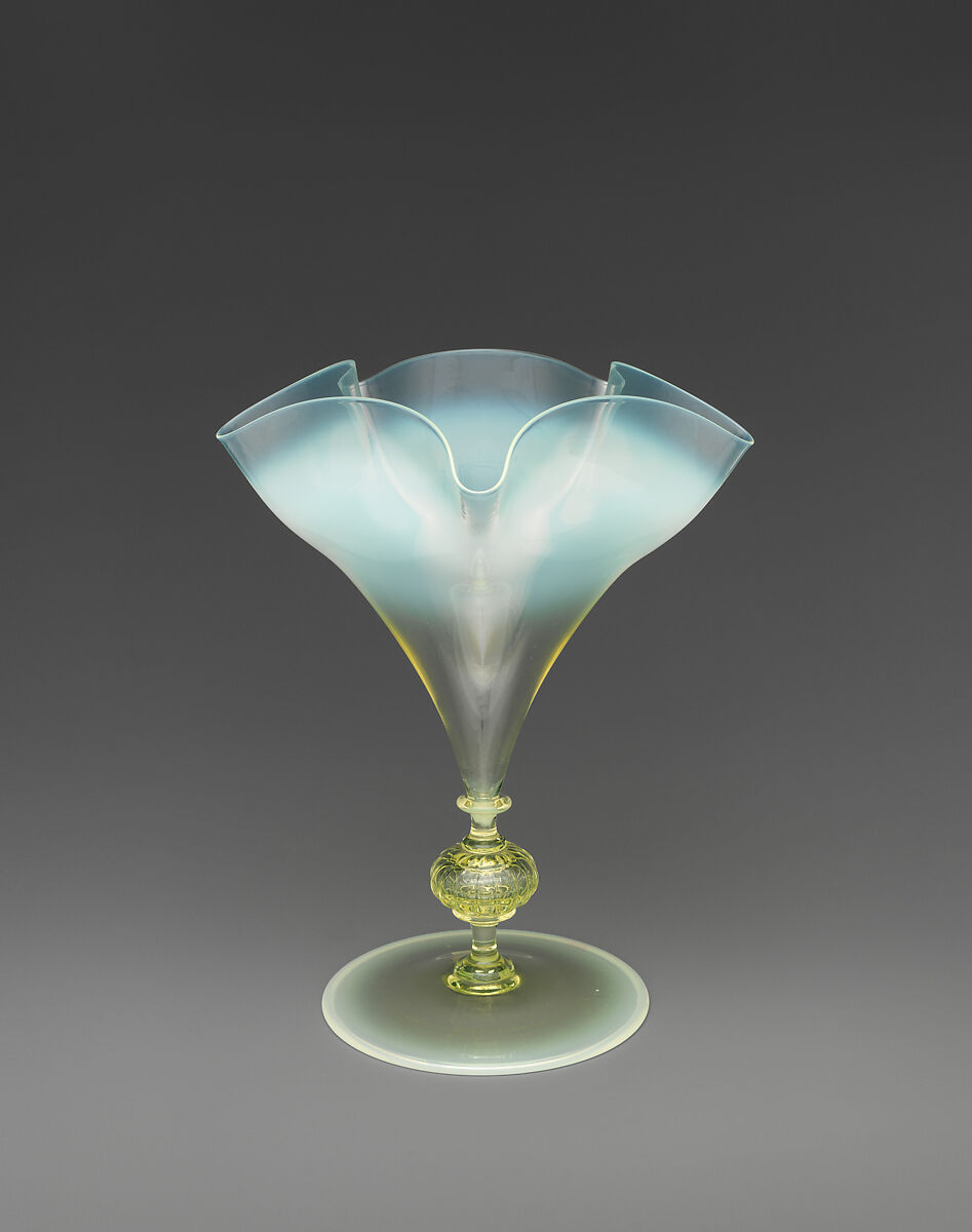 Vase with knopped stem, Attributed to Harry Powell (British, 1853–1922), “Straw opal” glass with uranium glass knop, British 