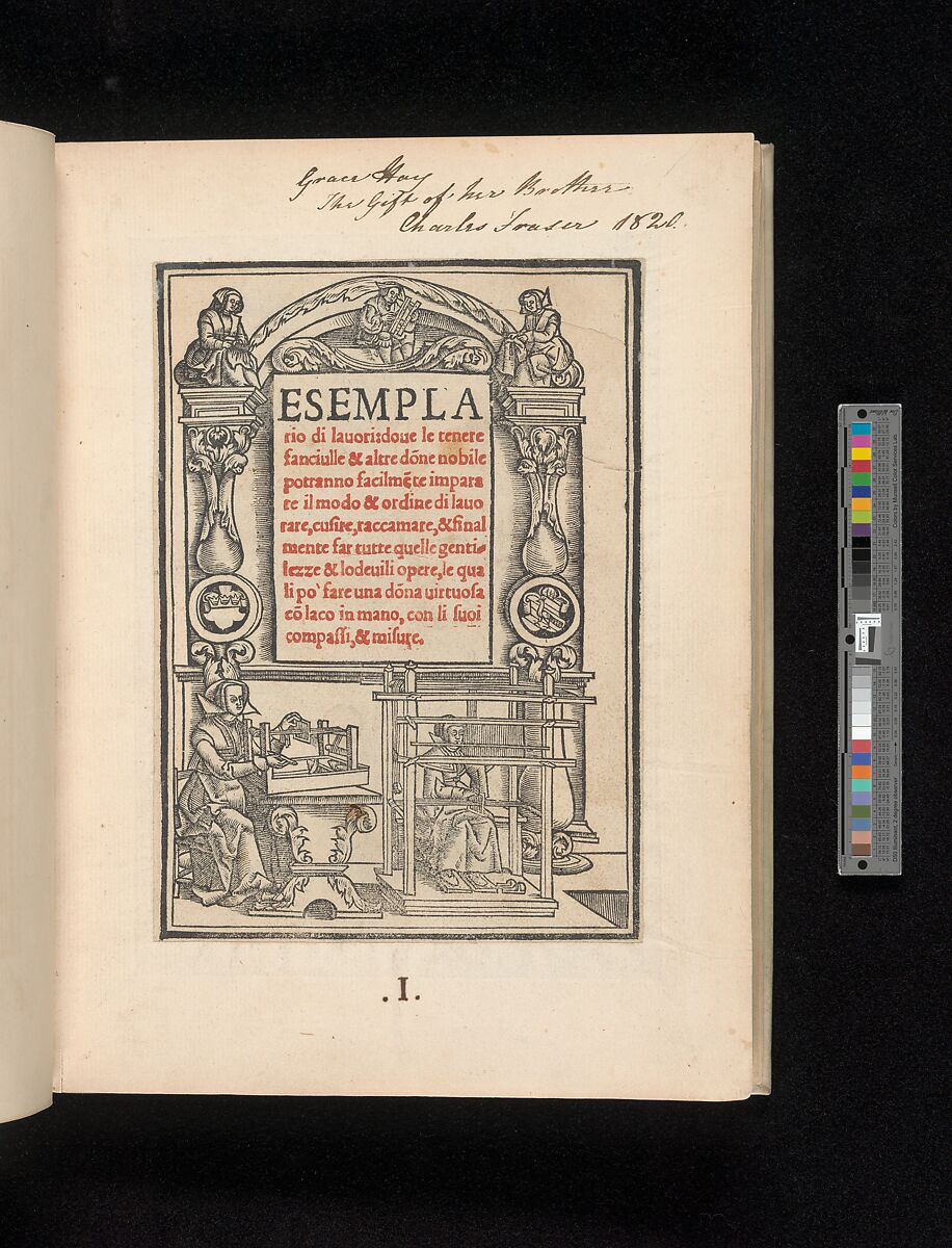 Esemplario di lavori, title page, Nicolò Zoppino , Venice Italian, Woodcut (pages inlaid, modern vellum binding)