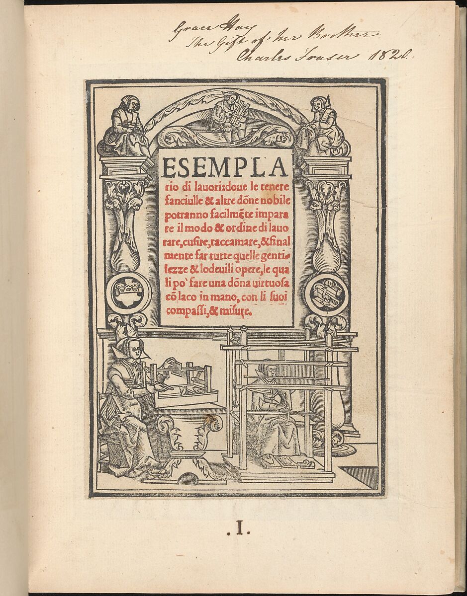Esemplario di lavori, title page, Nicolò Zoppino (Italian, Ferrara 1478/80–1544 Venice)  , Venice, Woodcut (pages inlaid, modern vellum binding)