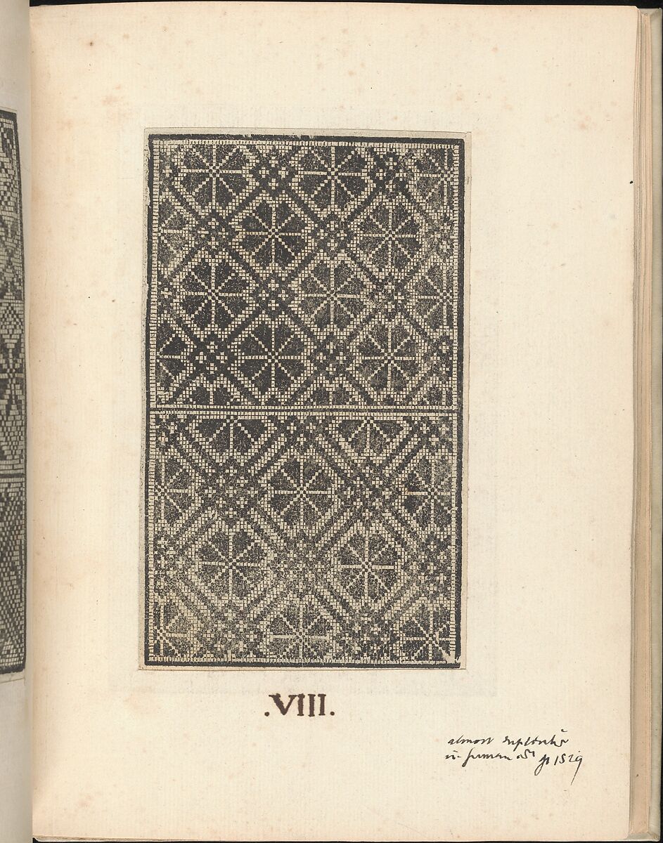 Esemplario di lavori, page 8 (recto), Nicolò Zoppino (Italian, Ferrara 1478/80–1544 Venice)  , Venice, Woodcut (pages inlaid, modern vellum binding) 