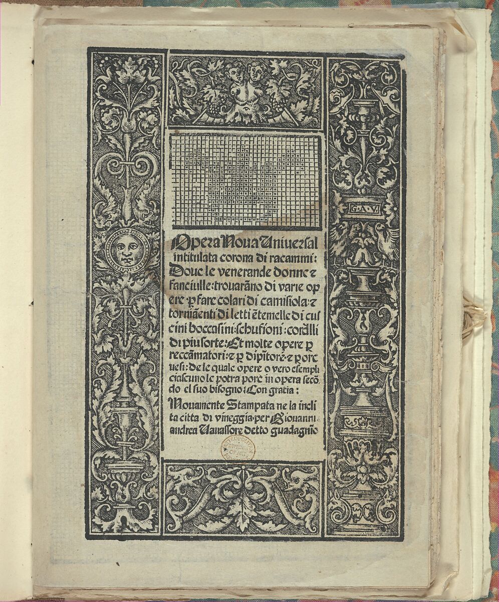Opera Nova Universali intitulata Corona di racammi, title page (recto), Giovanni Andrea Vavassore (Italian, active Venice 1530–1573)  , Venice, Woodcut 
