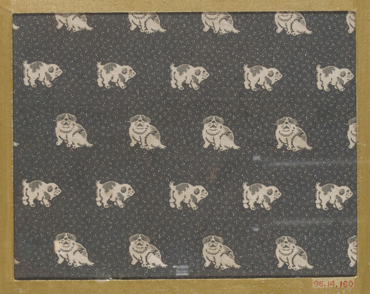 Textile fragment with repeating pattern of dogs on dotted ground, Silk, Japan 