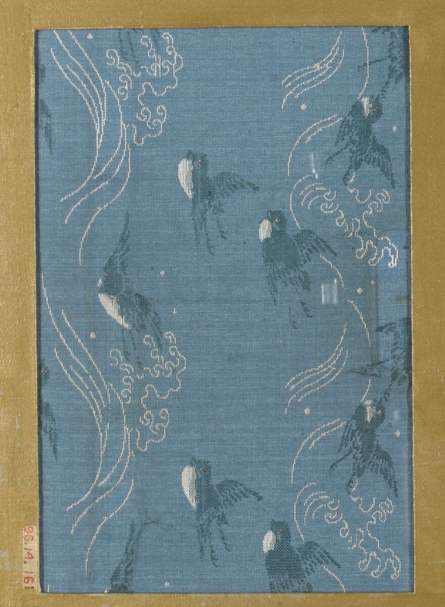 Textile fragment with repeating pattern of waves and birds in flight, Silk, Japan 