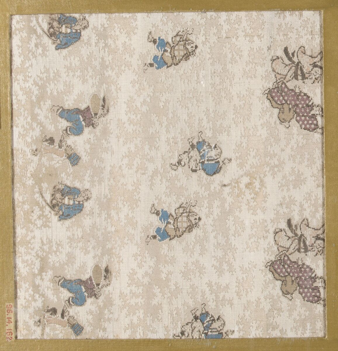Textile fragment with scattered human figures on patterned ground, Silk, Japan 