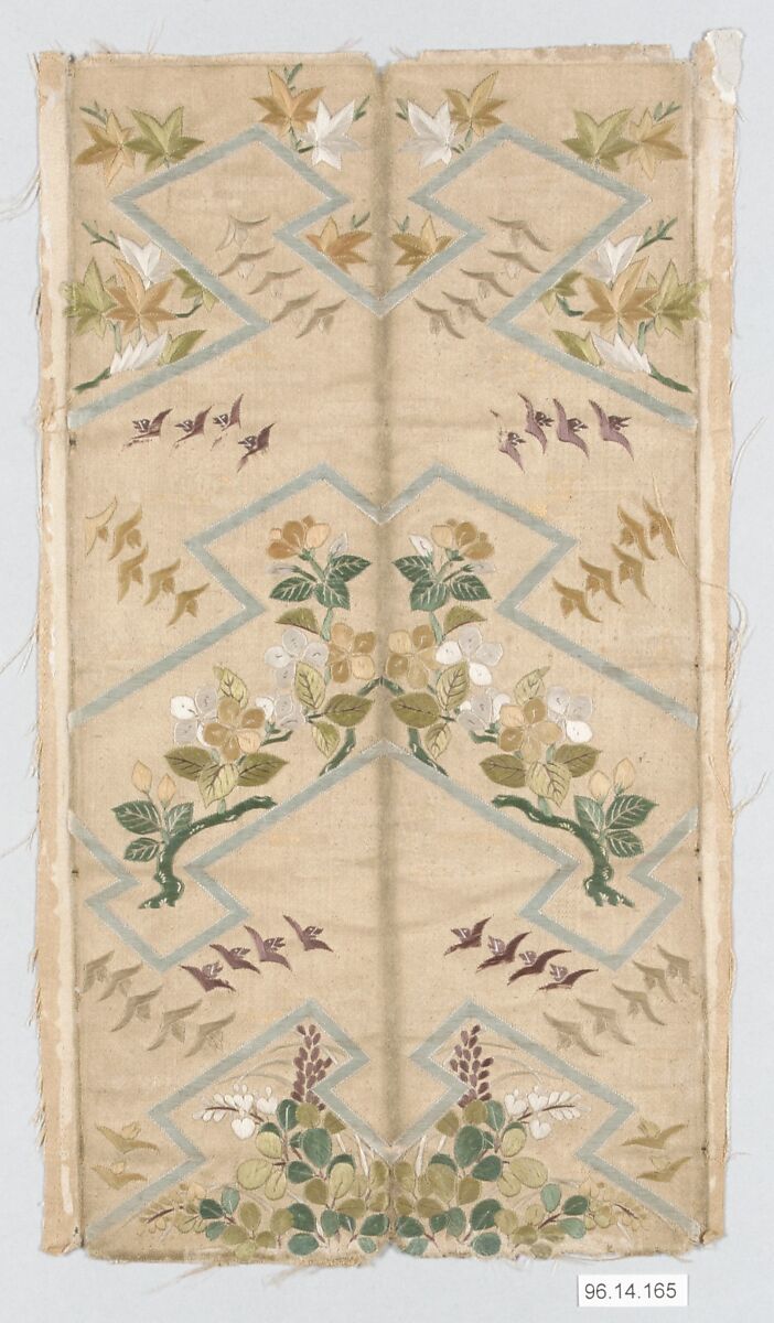 Fragment of an obi for a Noh costume, Satin weave with embroidery, Japan 