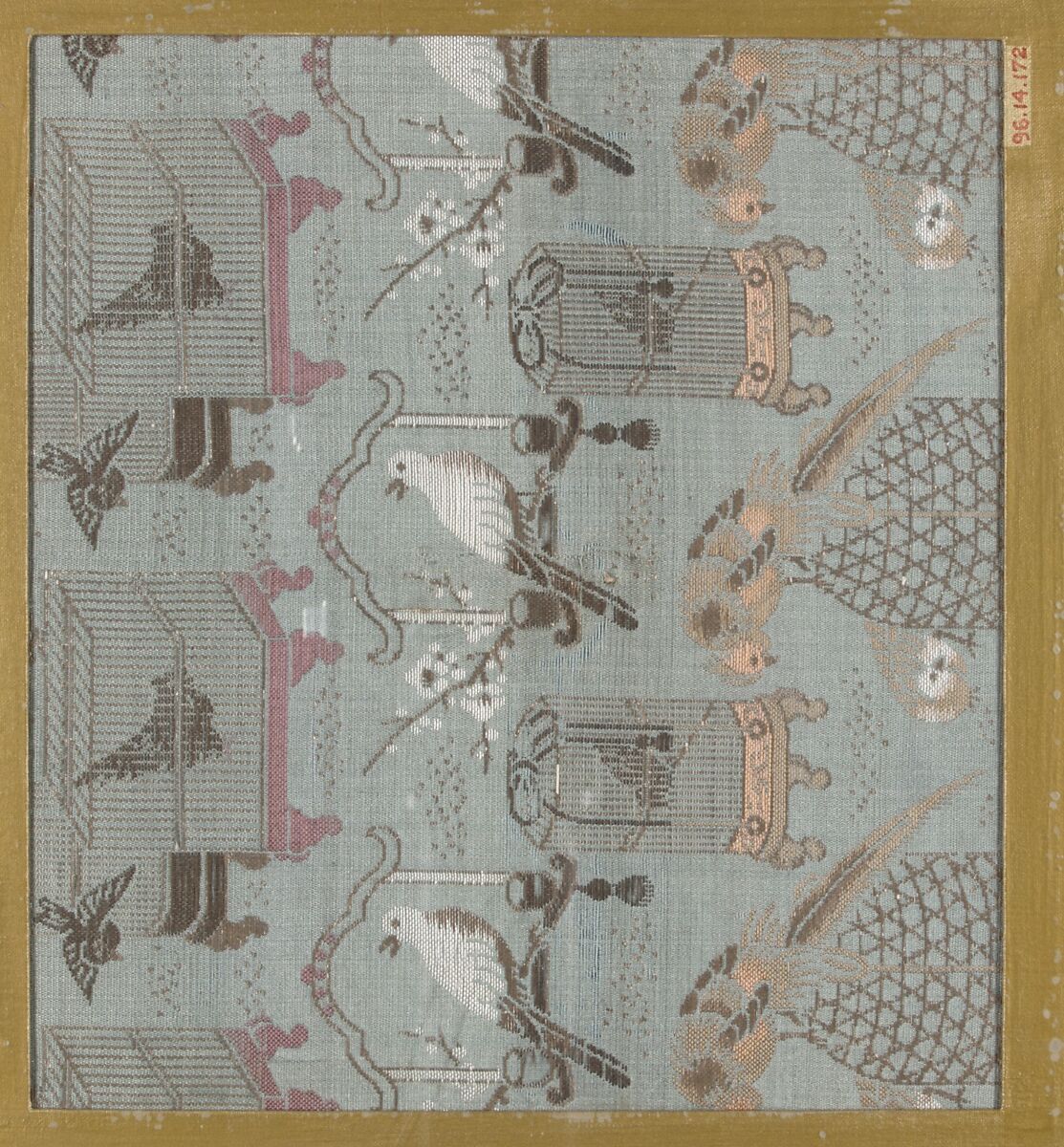 Textile fragment with incomplete repeating pattern of birds and bird cages, Silk, Japan 