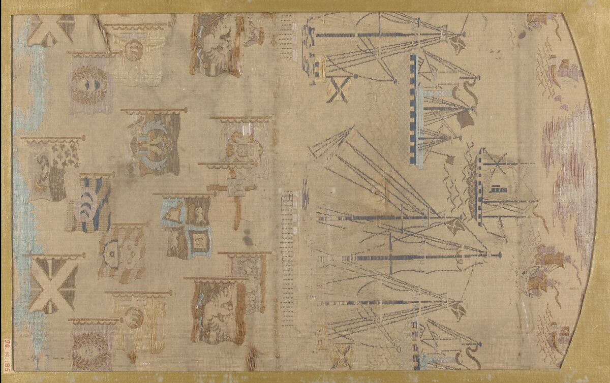Textile fragment with pattern of ships and flags, Silk, Japan 