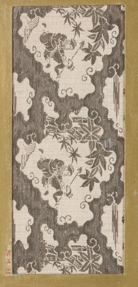 Textile fragment with repeating pattern of irregularly shaped cloud-edged vignettes containing two human figures and maple leaves, Silk, Japan 