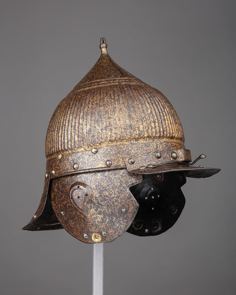 Burgonet (<i>Zischägge</i>), Steel, gold, copper alloy, leather, German