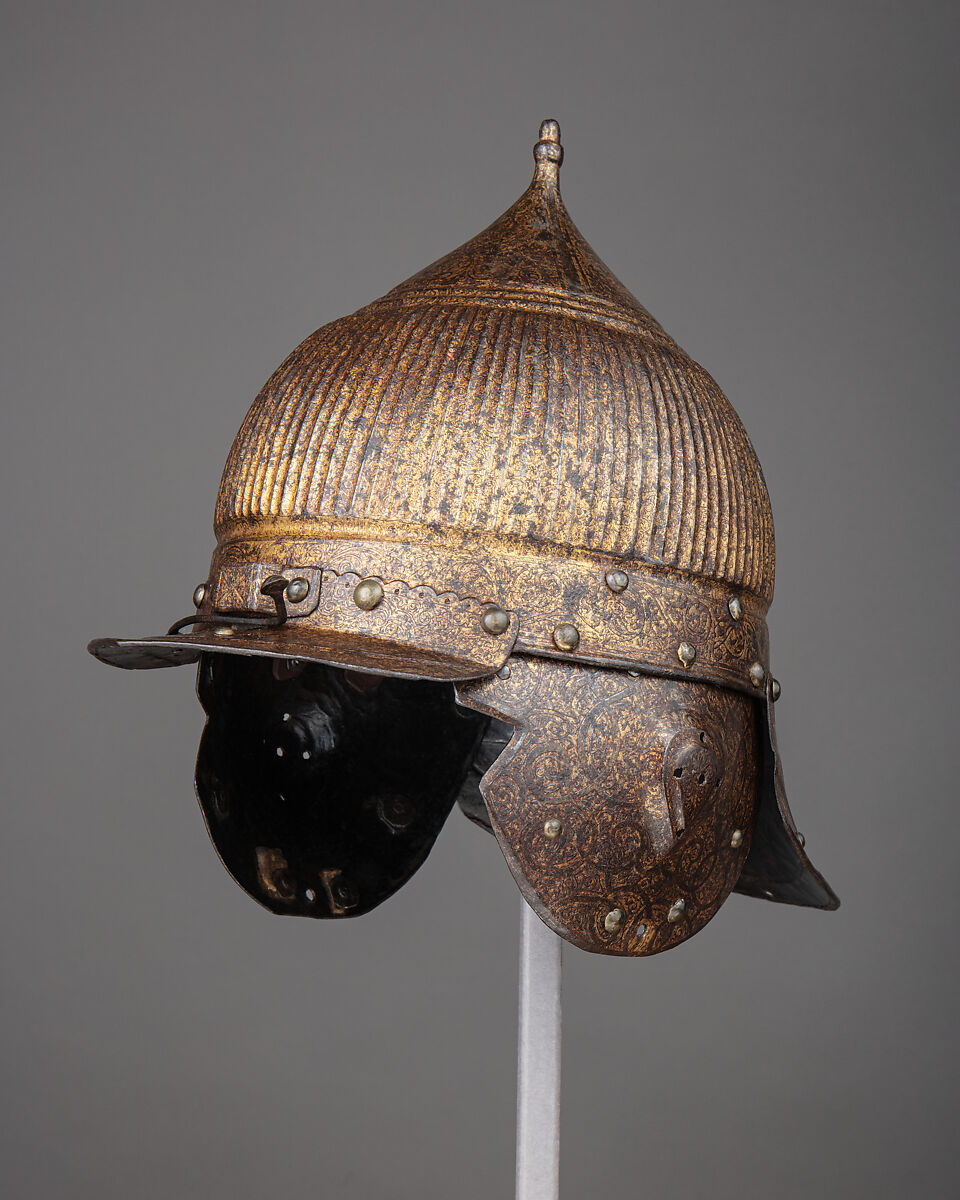 Burgonet (<i>Zischägge</i>), Steel, gold, copper alloy, leather, German 