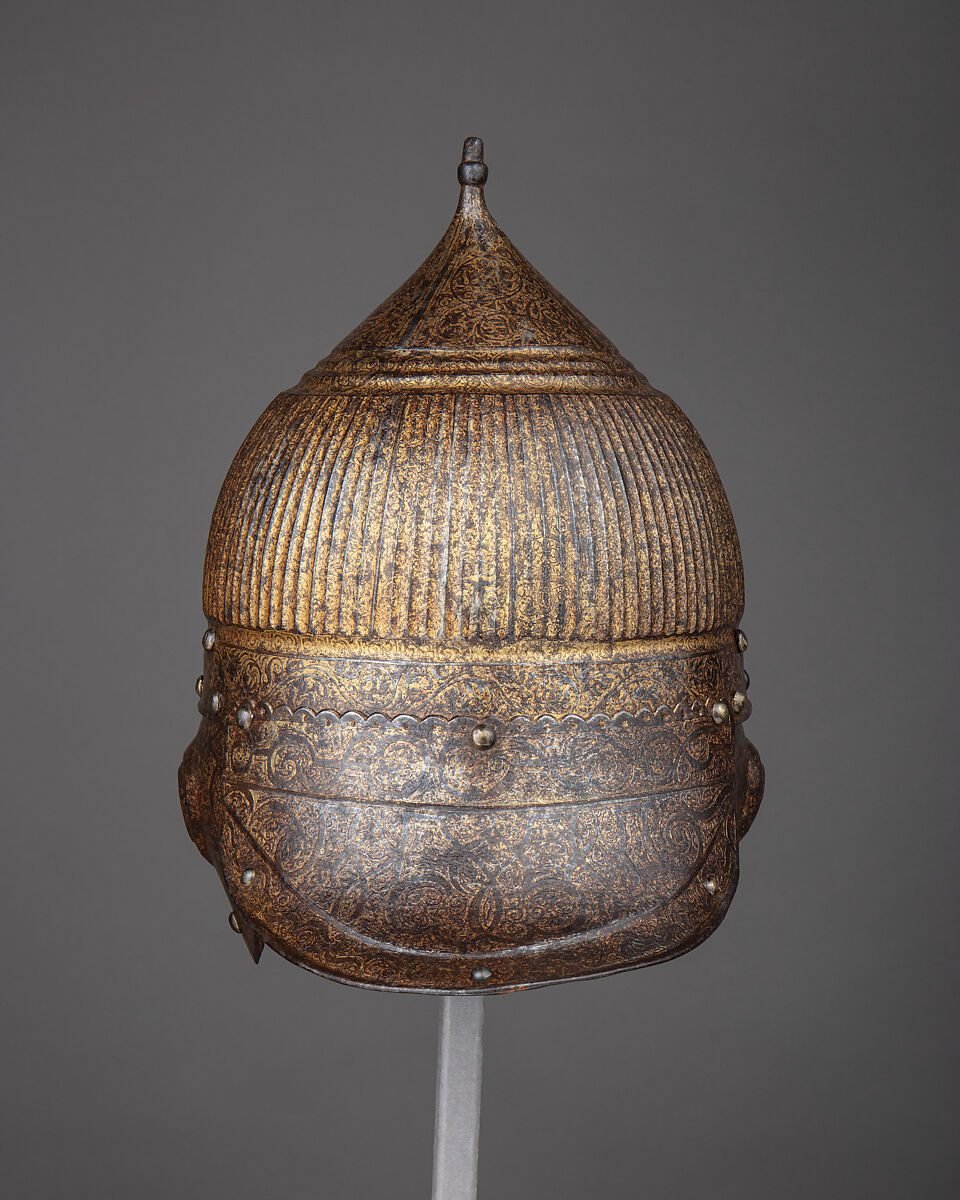 Burgonet (<i>Zischägge</i>), Steel, gold, copper alloy, leather, German