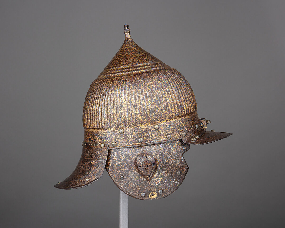 Burgonet (<i>Zischägge</i>), Steel, gold, copper alloy, leather, German