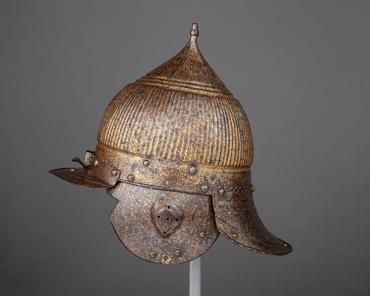 Burgonet (<i>Zischägge</i>), Steel, gold, copper alloy, leather, German