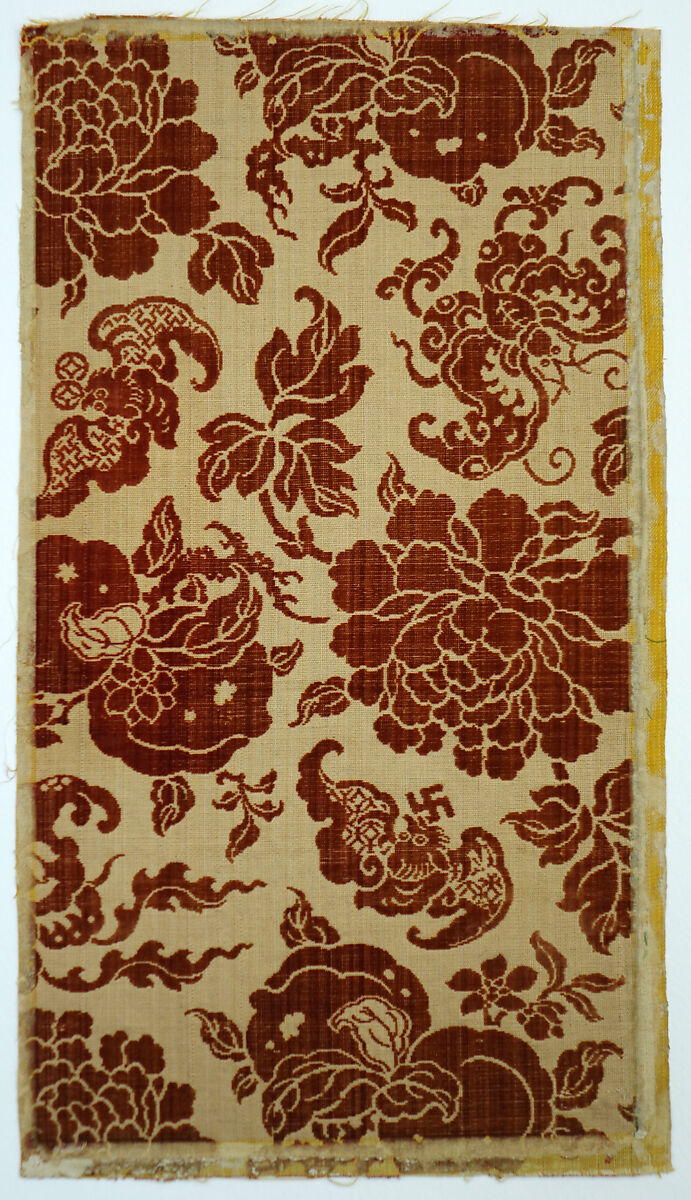 Textile with bats, butterflies, peonies, and peaches, Silk voided cut velvet, China