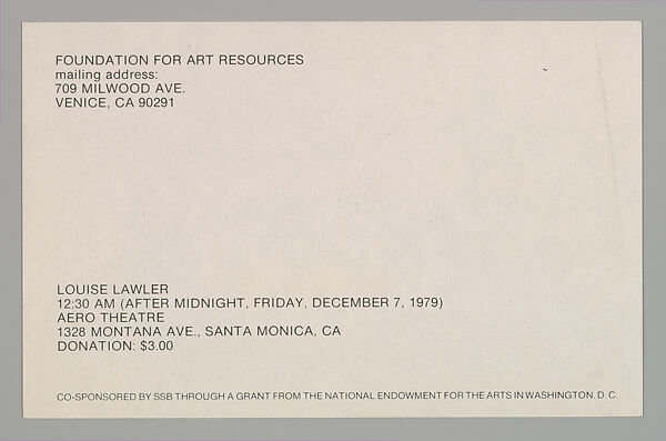 [Announcement for "A Movie Will Be Shown Without The Picture," Aero Theatre, Santa Monica], Louise Lawler (American, born Bronxville, New York, 1947), Printed card