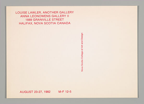 [Announcement for "Another Gallery", Anna Leonowens Gallery II, Halifax], Louise Lawler (American, born Bronxville, New York, 1947), Printed card