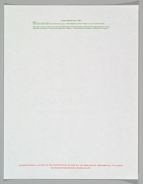 [Stationary and envelope produced for "Documenta 7: A Story", Kassel], Louise Lawler (American, born Bronxville, New York, 1947), Thermographic printed letterhead and envelope