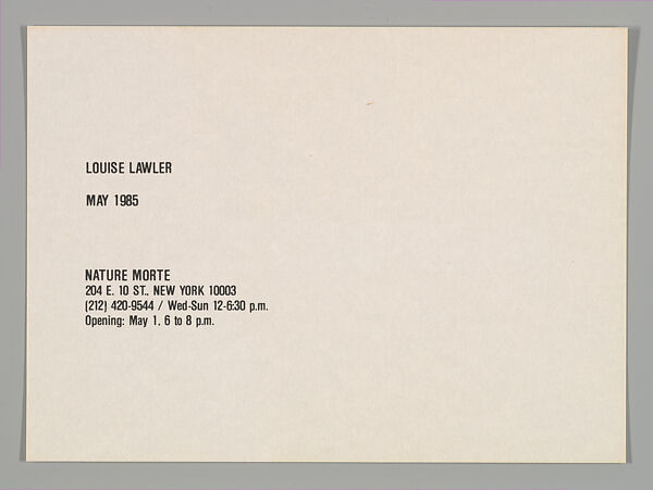 [Announcement for "Interesting", Nature Morte, New York City], Louise Lawler (American, born Bronxville, New York, 1947), Printed card
