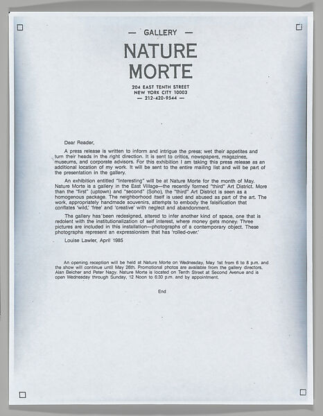 [Press Release for "Interesting", Nature Morte, New York City], Louise Lawler (American, born Bronxville, New York, 1947), Press release 
