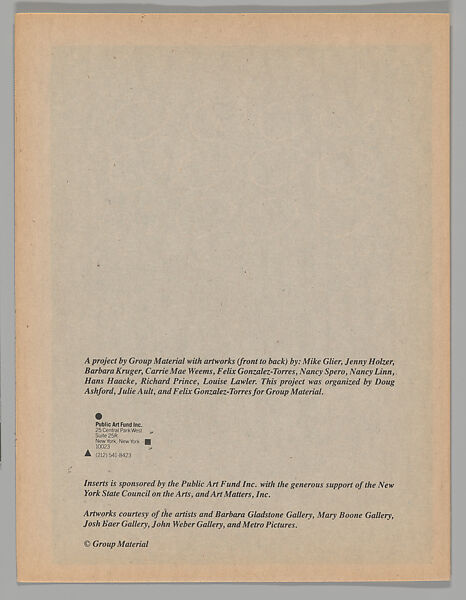[Artwork for "Inserts", Group Material, Advertising Supplement to The New York Times], Louise Lawler (American, born Bronxville, New York, 1947), Newsprint booklet