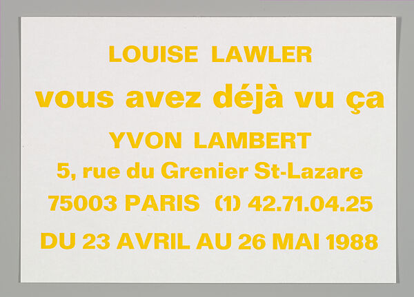 [Announcement for "Vous Avez Deja Vu Ca", Yvon Lambert, Paris], Louise Lawler (American, born Bronxville, New York, 1947), Printed card