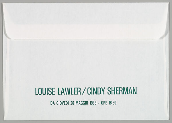 [Announcement for "Louise Lawler/Cindy Sherman", Studio Guenzani, Milan], Louise Lawler (American, born Bronxville, New York, 1947), Printed card with letterpress envelope
