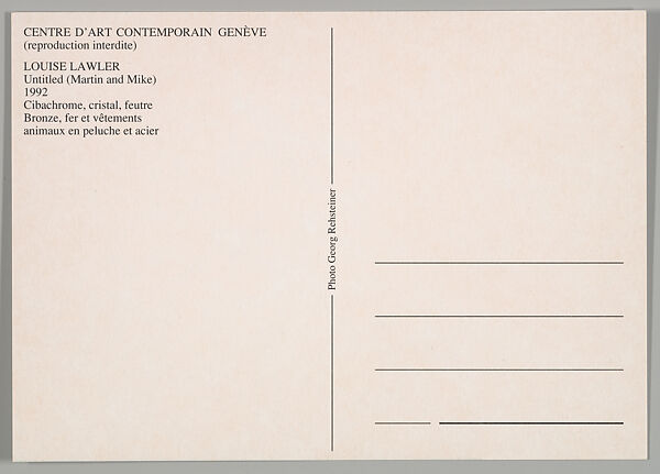 [Postcards produced for "Paperweights, Postcards, Pictures, Cannibalism", Centre d'Art Contemporain, Geneva], Louise Lawler (American, born Bronxville, New York, 1947), Printed postcards with envelope