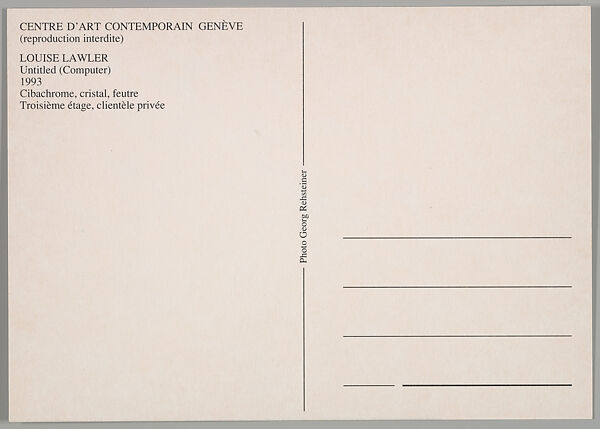 [Postcards produced for "Paperweights, Postcards, Pictures, Cannibalism", Centre d'Art Contemporain, Geneva], Louise Lawler (American, born Bronxville, New York, 1947), Printed postcards with envelope