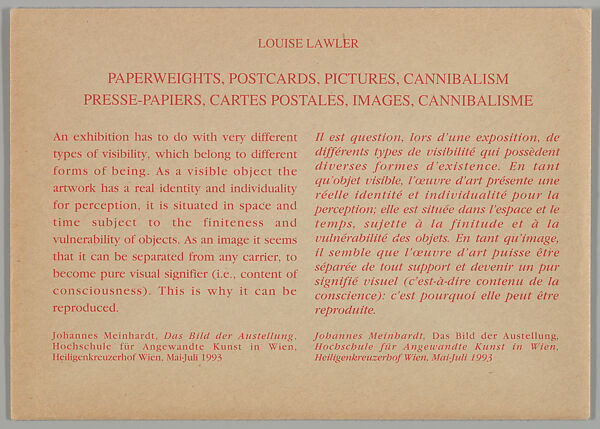 [Postcards produced for "Paperweights, Postcards, Pictures, Cannibalism", Centre d'Art Contemporain, Geneva], Louise Lawler (American, born Bronxville, New York, 1947), Printed postcards with envelope