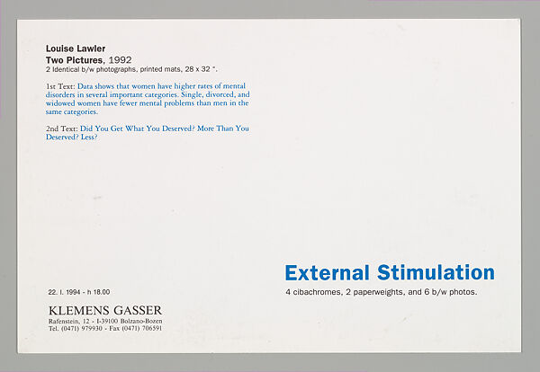[Announcement for "External Stimulation", Klemens Gasser, Bolzano], Louise Lawler (American, born Bronxville, New York, 1947), Halftone