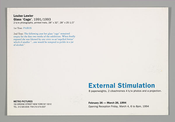 [Announcement for "External Stimulation", Metro Pictures, New York City], Louise Lawler (American, born Bronxville, New York, 1947), Halftone
