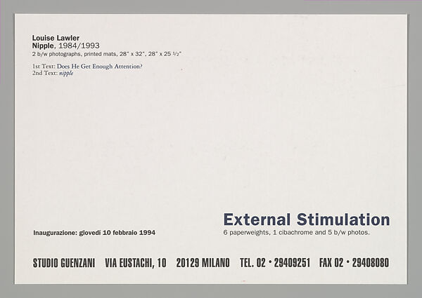 [Announcement for "External Stimulation", Studio Guenzani, Milan], Louise Lawler (American, born Bronxville, New York, 1947), Halftone
