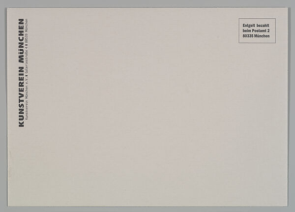 [Announcement and envelope for "A Spot on the Wall", Kunstverein, Munich], Louise Lawler (American, born Bronxville, New York, 1947), Halftone card with envelope