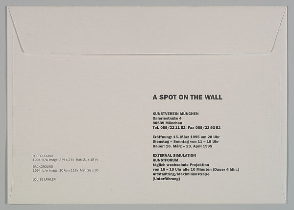 [Announcement and envelope for "A Spot on the Wall", Kunstverein, Munich], Louise Lawler (American, born Bronxville, New York, 1947), Halftone card with envelope
