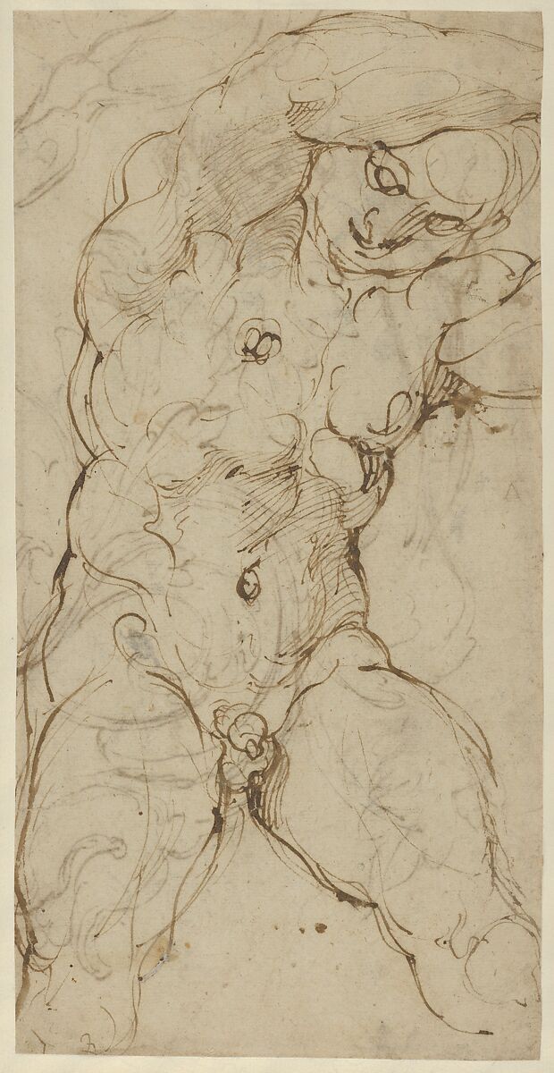 Seated Nude Male Figure (recto); Ornamental Designs of Foliage, a Grotesque Head, and a Leg (verso), Agostino Carracci (Italian, Bologna 1557–1602 Parma), Pen and brown ink, over black chalk underdrawing 