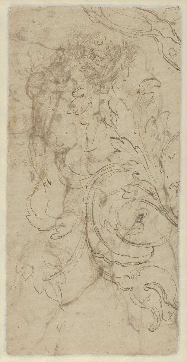 Seated Nude Male Figure (recto); Ornamental Designs of Foliage, a Grotesque Head, and a Leg (verso), Agostino Carracci (Italian, Bologna 1557–1602 Parma), Pen and brown ink, over black chalk underdrawing