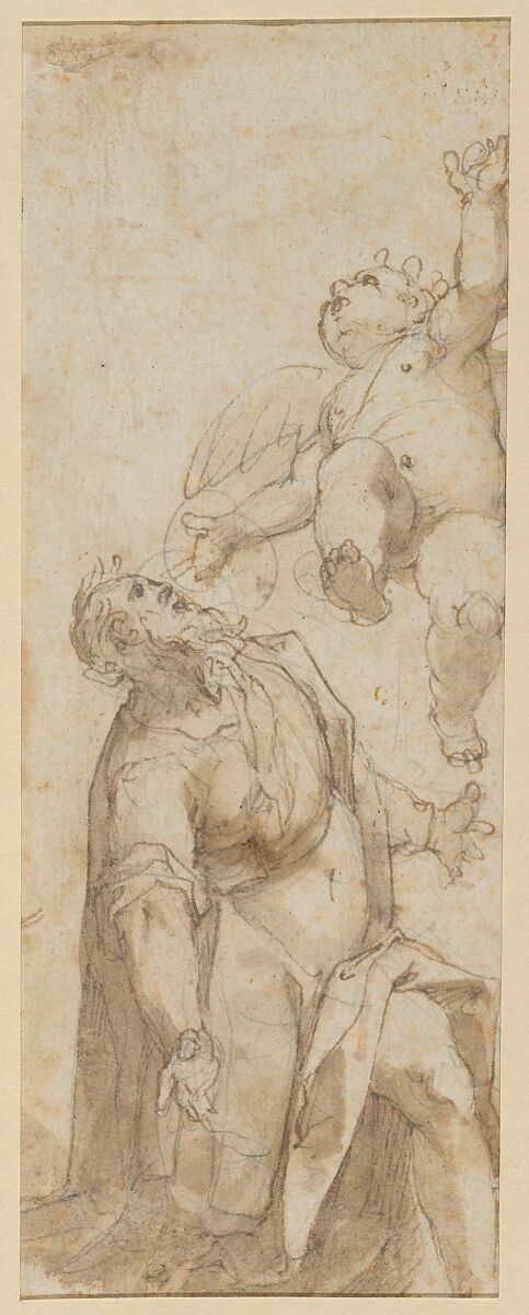 Group of Laborers in a Field (recto); Angel Appearing to a Kneeling Saint (verso), Giovanni Battista Maganza the Elder (Italian, Este ca. 1513/23–1586 Vicenza), Pen and brown ink, brush and pale brown wash, over black-chalk (recto and verso)