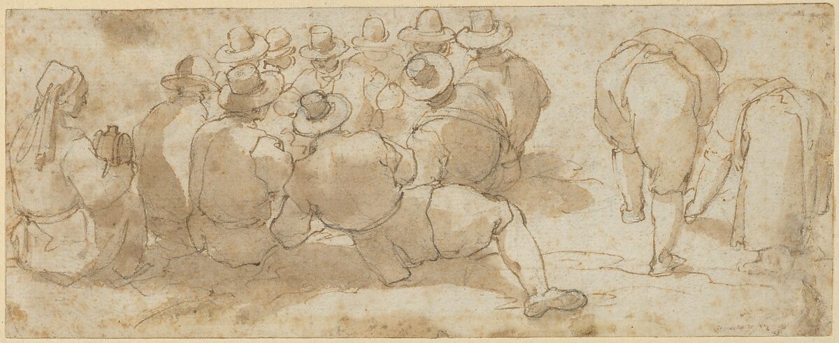 Group of Laborers in a Field (recto); Angel Appearing to a Kneeling Saint (verso), Giovanni Battista Maganza the Elder (Italian, Este ca. 1513/23–1586 Vicenza), Pen and brown ink, brush and pale brown wash, over black-chalk (recto and verso) 